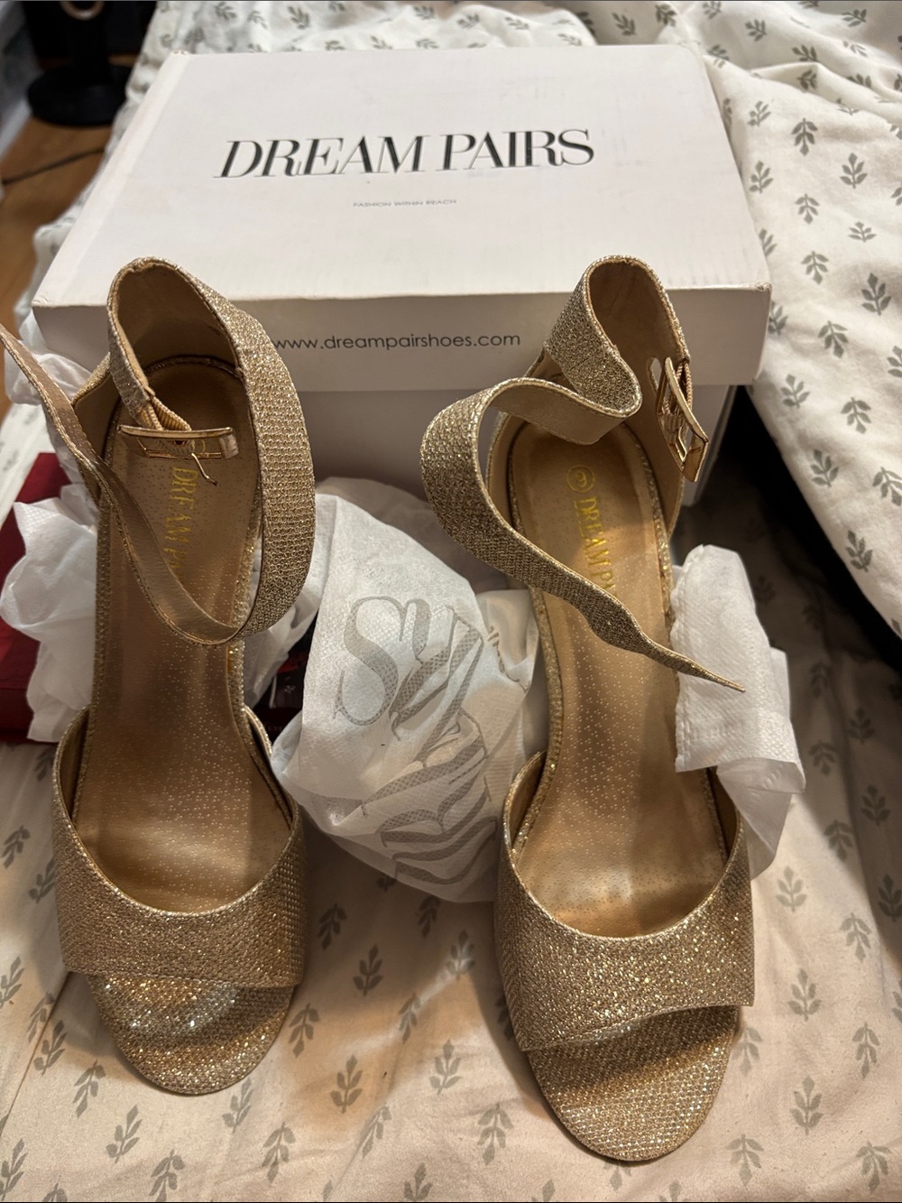 Dream Pairs Gold Glitter Ankle-Strap Heels